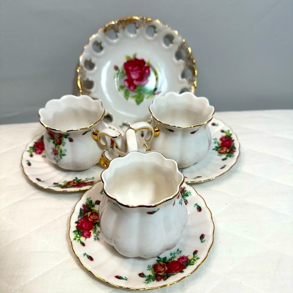 Lefton English Rose Hand Painted China Set Of 7 Tea Cups And Saucers Floral